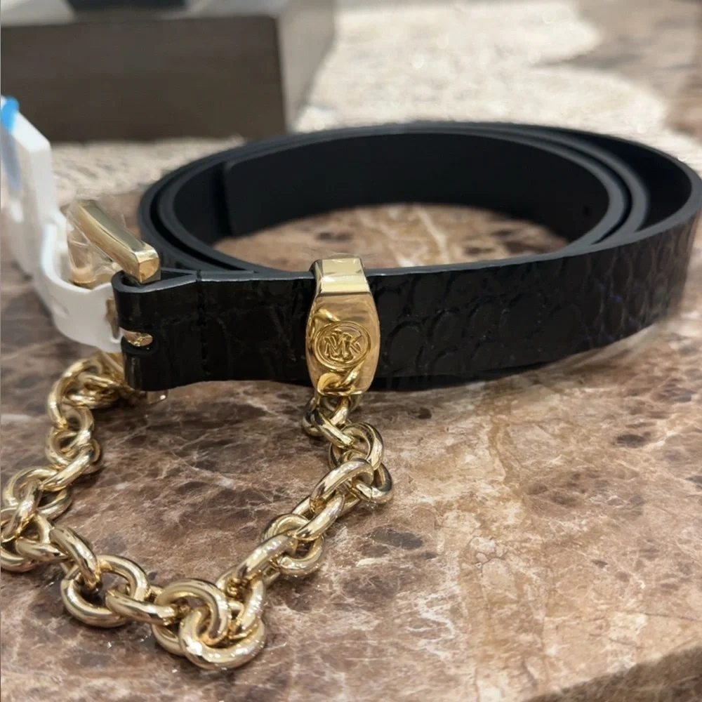 MICHAEL KORS Belt Swag Chain Logo Genuine Leather Black Gold Sz Large AUTHENTIC